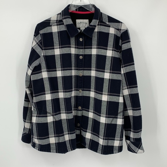 Orvis Fleece lined shirt top shacket navy blue white plaid warm Snap pockets XXL - Picture 1 of 5